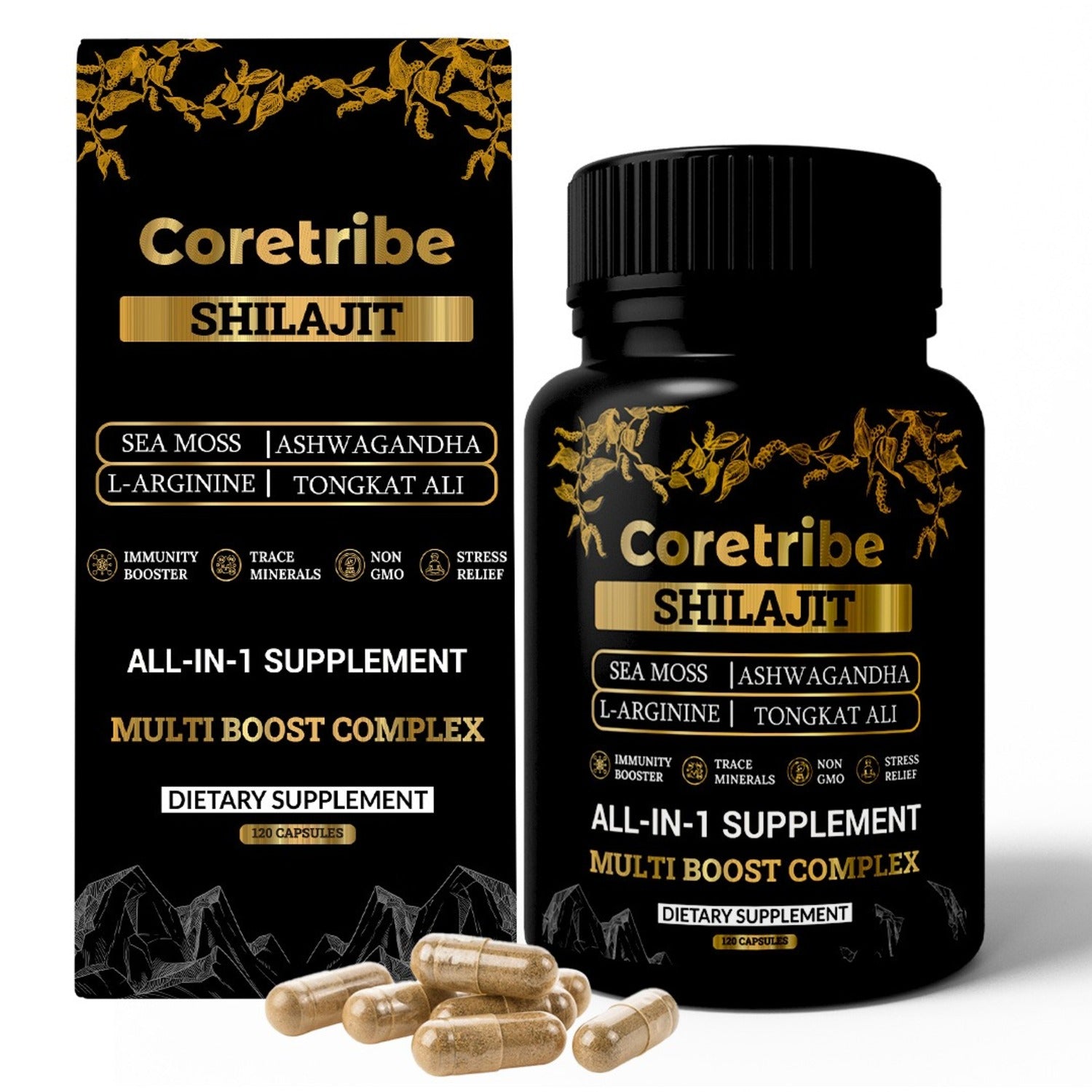 Coretribe Shilajit Capsules - All-in-1 supplement with Sea Moss, Ashwagandha, L-Arginine, and Tongkat Ali for immunity boost and stress relief