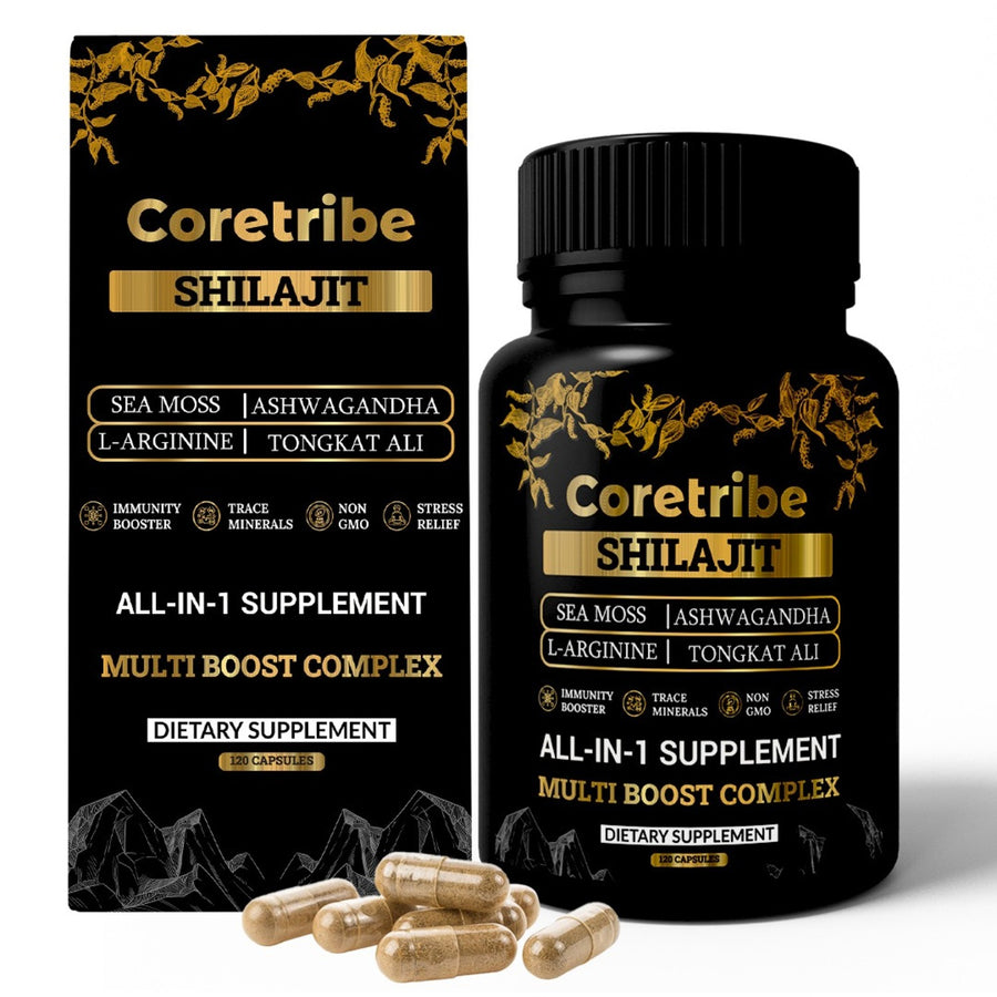 Coretribe Shilajit Capsules - All-in-1 supplement with Sea Moss, Ashwagandha, L-Arginine, and Tongkat Ali for immunity boost and stress relief