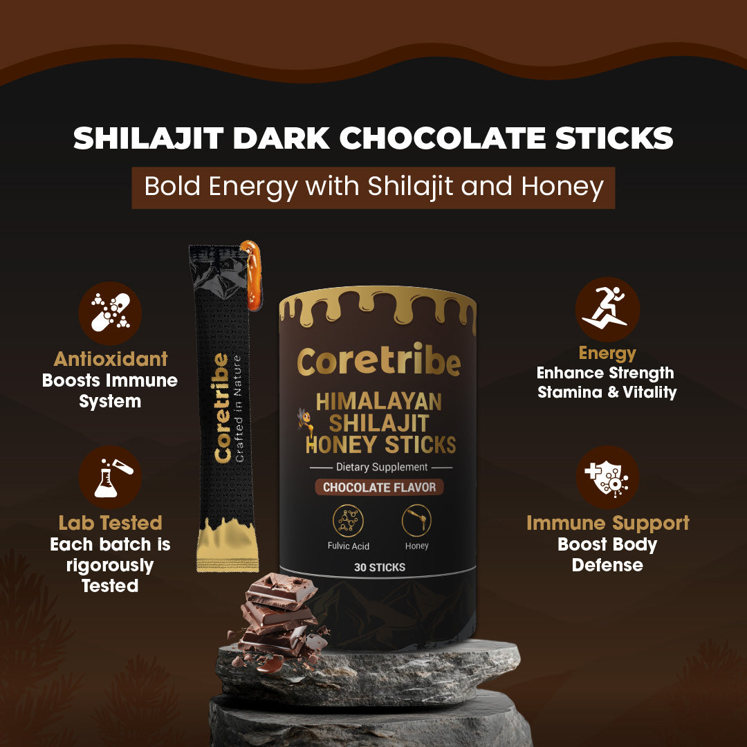 Coretribe®Shilajit Honey Sticks - Pure Himalayan Shilajit Resin with Raw Honey - 30 Sticks of Natural Honey Infused with Strawberry Flavour