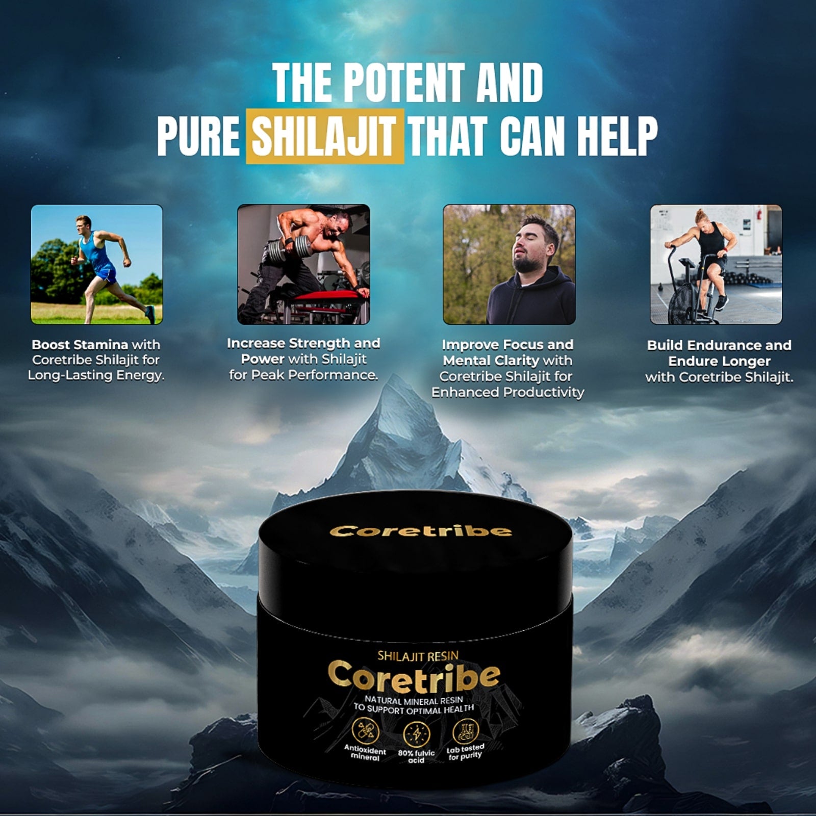 Himalayan Natural Shilajit from Coretribe helps boost stamina, strength, mental clarity, and endurance for peak performance.