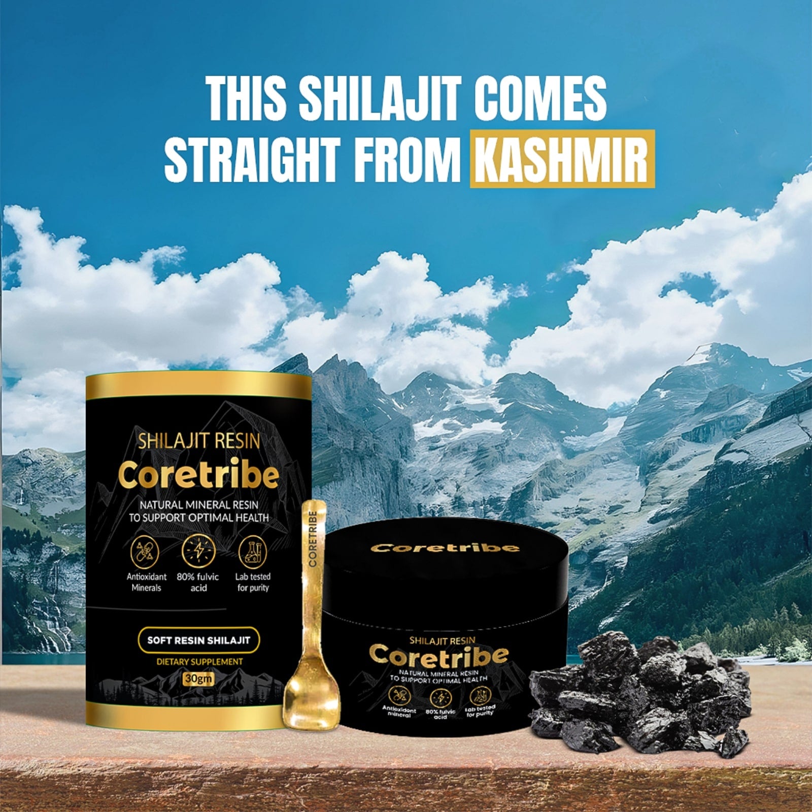 Natural Himalayan Shilajit from Coretribe, sourced directly from Kashmir, known for its purity and health benefits.