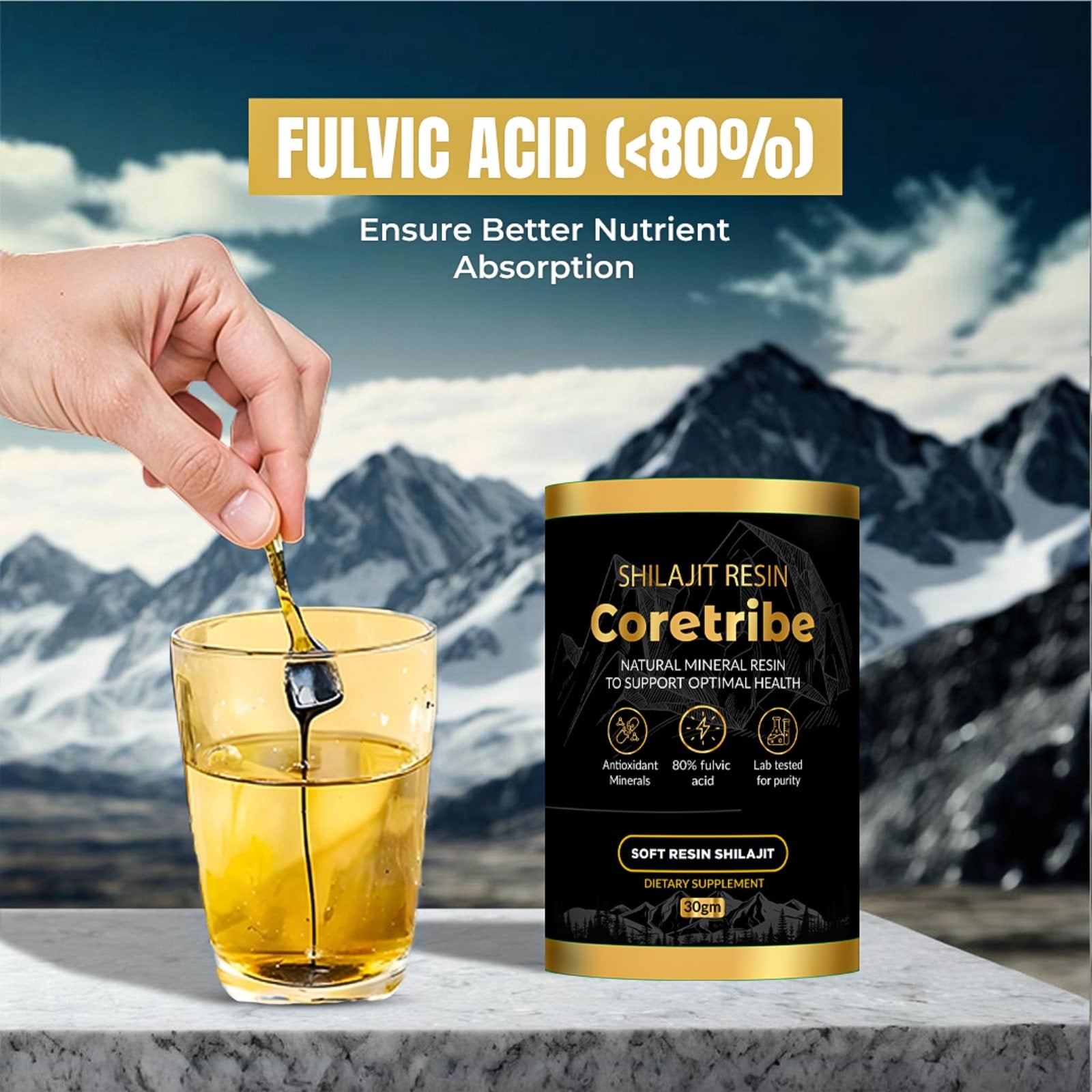 Pure Himalayan Shilajit Resin from Coretribe with fulvic acid for better nutrient absorption, supporting health and vitality.