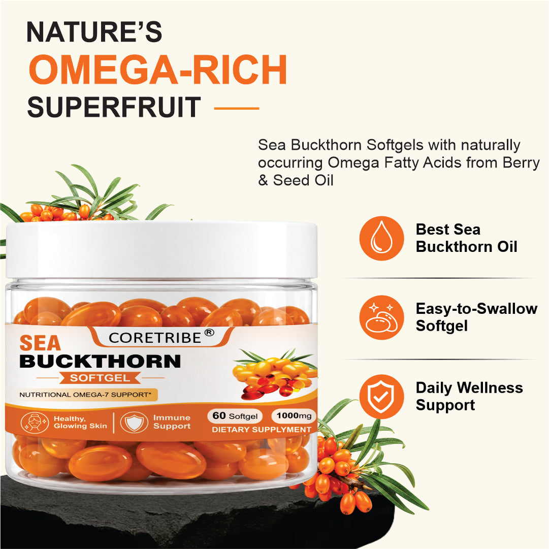 Coretribe Whole Berry Sea Buckthorn Oil Softgels, 1000 mg, 60 Count, Omega 3-6-7-9 Fatty Acid Dietary Supplement for Skin, Hair & Daily Wellness Support