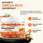 Coretribe Whole Berry Sea Buckthorn Oil Softgels, 1000 mg, 60 Count, Omega 3-6-7-9 Fatty Acid Dietary Supplement for Skin, Hair & Daily Wellness Support