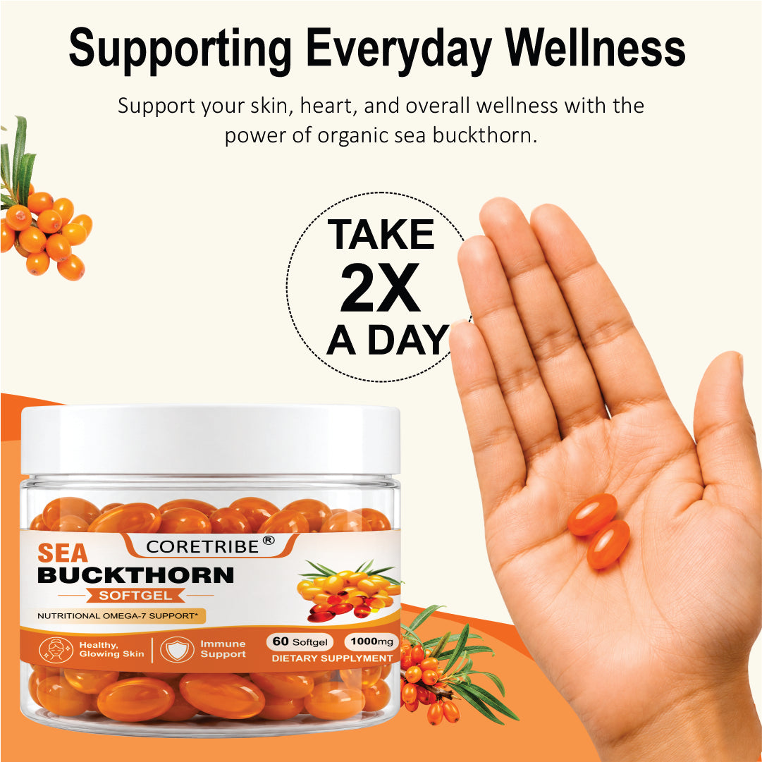 Coretribe Whole Berry Sea Buckthorn Oil Softgels, 1000 mg, 60 Count, Omega 3-6-7-9 Fatty Acid Dietary Supplement for Skin, Hair & Daily Wellness Support