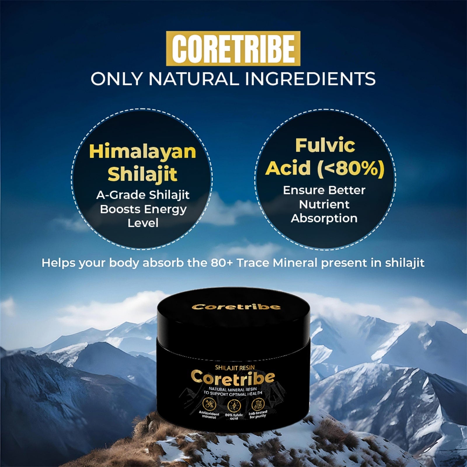 Shilajit Pure Himalayan from Coretribe, made with only natural ingredients, providing enhanced energy levels and nutrient absorption.