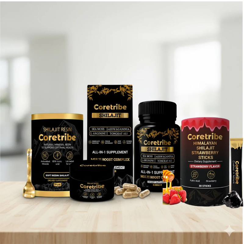 CoreTribe® Shilajit Bundle Pack of 3 – Pure Himalayan Shilajit Resin+Capsules + Honey Sticks for Daily Energy & Wellness
