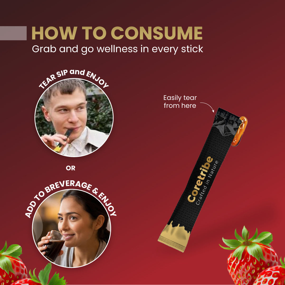 Coretribe®Shilajit Honey Sticks - Pure Himalayan Shilajit Resin with Raw Honey - 30 Sticks of Natural Honey Infused with Strawberry Flavour