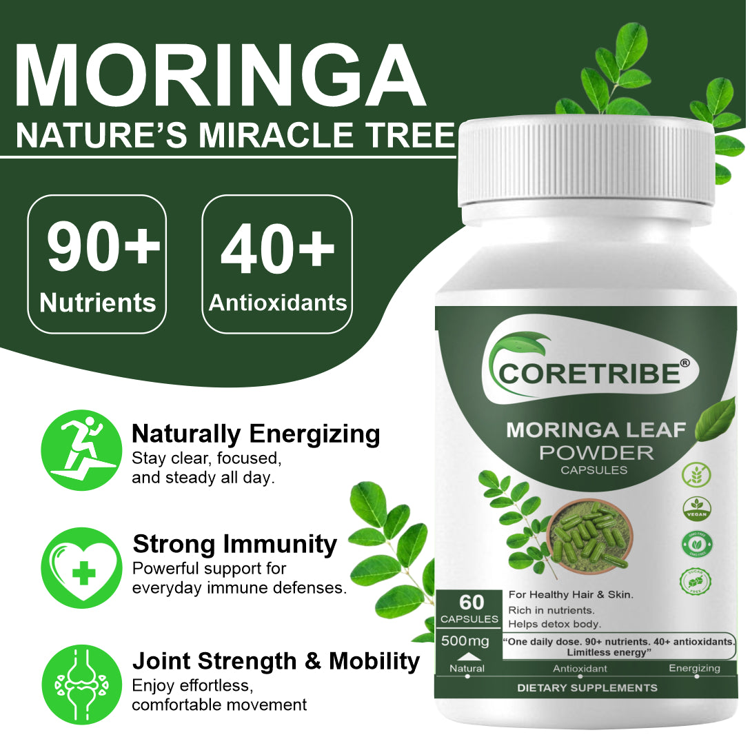 CoreTribe Moringa Capsules - Pure Moringa Powder, Energy, Skin, Immune & Gut Health Superfood, Rich in Antioxidants, Essential Vitamins & Amino Acids, Natural Green Superfood Supplement - 60 Count