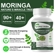 CoreTribe Moringa Capsules - Pure Moringa Powder, Energy, Skin, Immune & Gut Health Superfood, Rich in Antioxidants, Essential Vitamins & Amino Acids, Natural Green Superfood Supplement - 60 Count