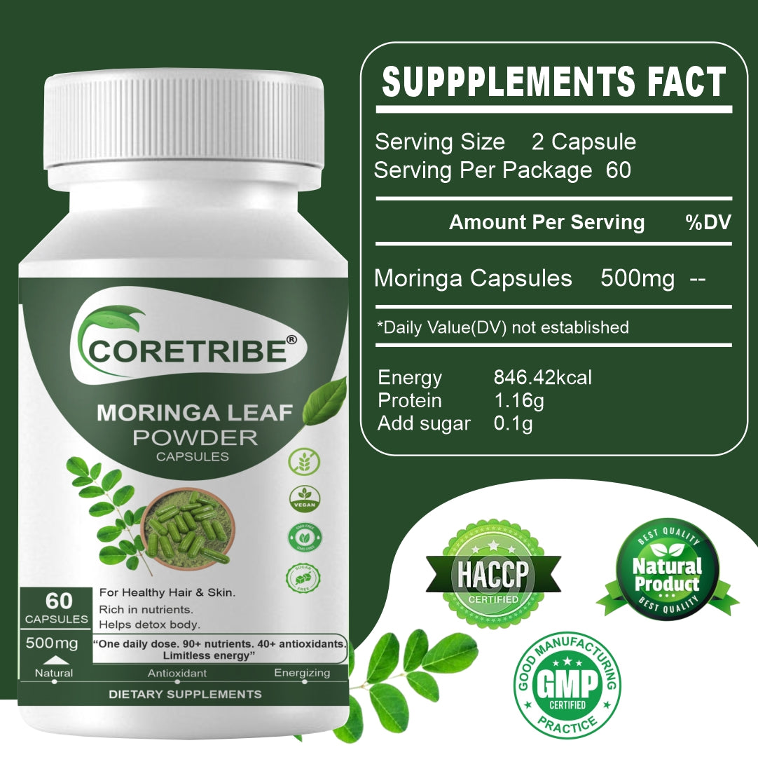 CoreTribe Moringa Capsules - Pure Moringa Powder, Energy, Skin, Immune & Gut Health Superfood, Rich in Antioxidants, Essential Vitamins & Amino Acids, Natural Green Superfood Supplement - 60 Count