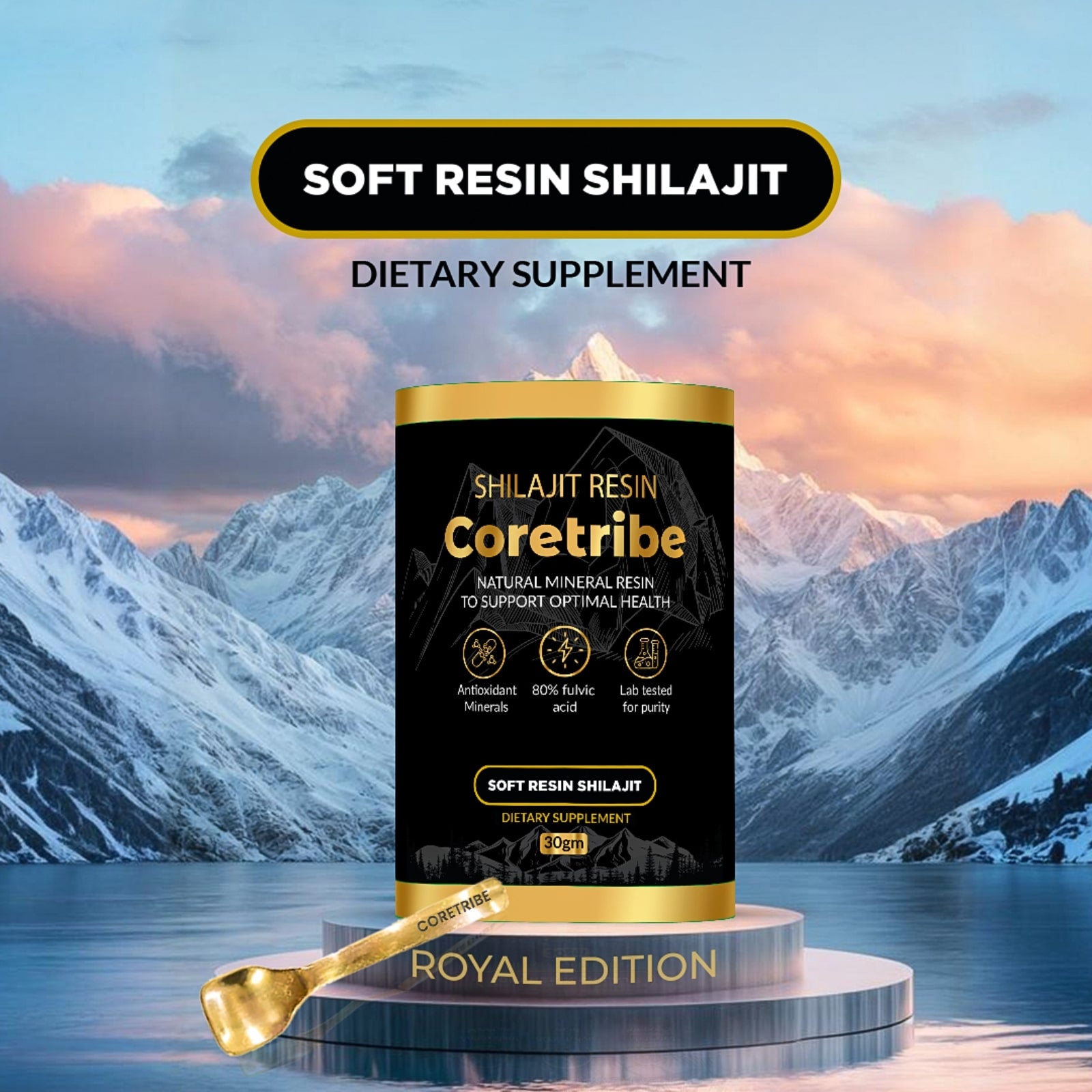 Pure Himalayan Shilajit Resin in royal edition from Coretribe, offering natural health benefits and supporting overall well-being.